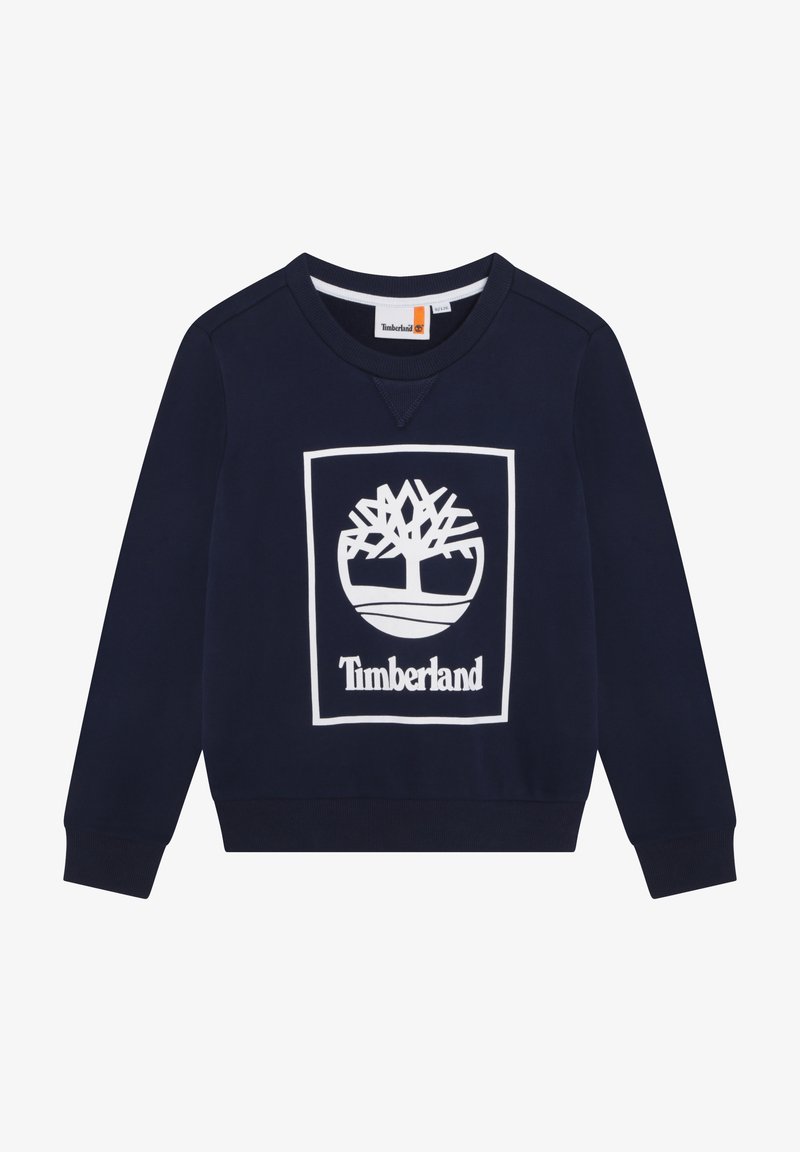 Felpa blu navy in misto cotone, con un grande logo bianco Timberland e design di albero sul davanti. Polsini e scollatura a costine.