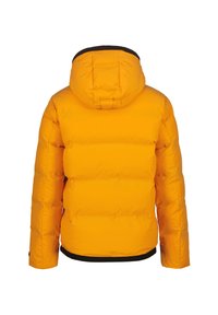 Yellow puffer jacket with a hood, featuring a black trim at the hem. Textured, quilted design with a smooth, glossy finish.