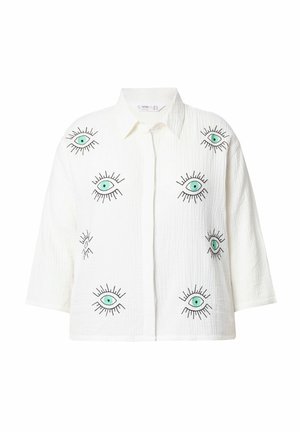 Witte katoenen shirt met korte mouwen, voorzien van kleurrijke oogborduursels in groen en zwart, gestructureerde kraag en textuurstof.