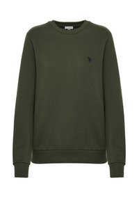 Felpa verde oliva con collo a giro, polsini e orlo a costine. Presenta un piccolo logo ricamato nell'area del petto sinistro. Tessuto liscio.