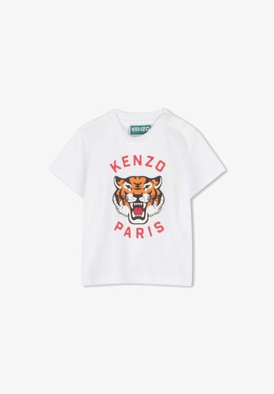 Witte katoenen t-shirt met een kleurrijke tijgerafbeelding en de tekst "KENZO" en "PARIJS" in het rood. Ontworpen met een ronde hals en drukknoopjes.