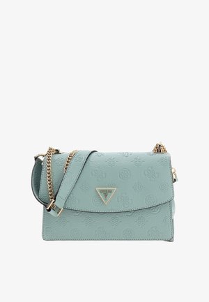 Sac en bandoulière vert menthe fabriqué en matériau synthétique texturé, avec une bandoulière en chaîne dorée et un accent de logo triangulaire à l'avant.