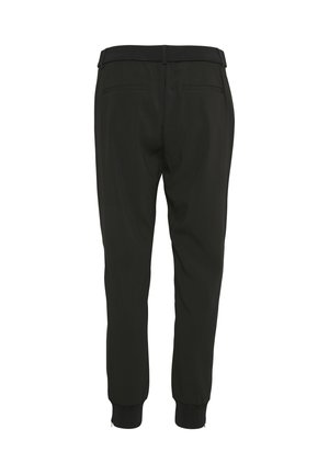 Schwarze Hose mit taillierter Passform, ausgestattet mit einem elastischen Bund, gerippten Bündchen und zwei Gesäßtaschen. Glatte Textur, keine sichtbaren Muster.