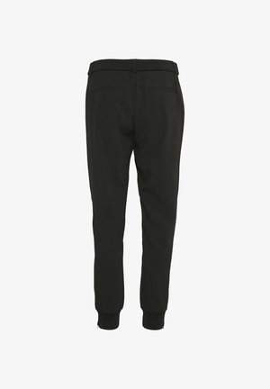Black trousers with a tapered design, featuring an elastic waistband, ribbed cuffs, and two back pockets. Smooth texture, no visible patterns.