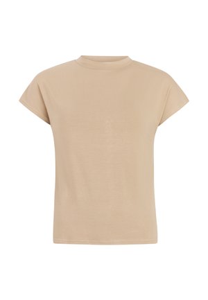 Beiges Kurzarm-T-Shirt mit hohem Kragen, leichtem Stoff und lässiger Passform mit glatter Textur.