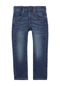 Ciemnoniebieskie dżinsy o kroju slim fit, z pięcioma kieszeniami i kontrastowym przeszyciem. Tkanina ma gładką strukturę z lekkim przetarciem na udach.