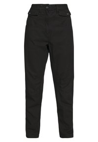 Pantalones cargo negros de algodón con corte recto, que incluyen dos bolsillos frontales y detalles de costura visibles.