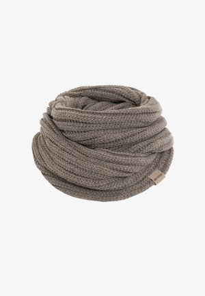 Knitted scarf in light gray, infinity style. Textured pattern with soft yarn. Small label attached, featuring brand name.