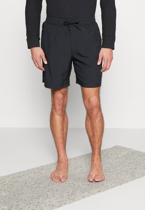 Schwarze Badeshorts aus leichtem Stoff, mit einem elastischen Bund und Kordelzug. Saumabschlüsse und eine glatte Textur.