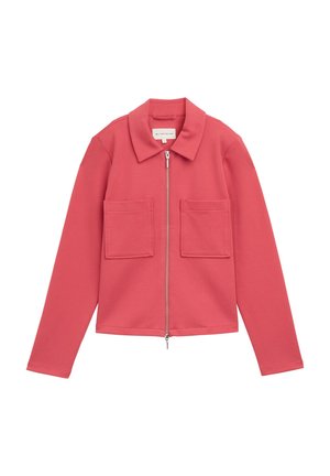 Roze zip-up jack van textiel met een gestructureerde stof, voorzien van een kraag en twee voorzakken.