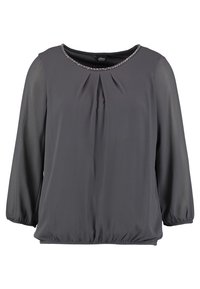 Graue Bluse mit langen, durchsichtigen Ärmeln, plissierter Frontdetails und einem mit Perlen besetzten Kragen. Sie hat einen lockeren Schnitt mit gerafftem Saum.