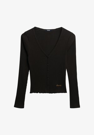 Schwarze gerippte langärmelige cropped Strickjacke mit V-Ausschnitt, sechs Vorderknöpfen und kleinem gesticktem "Superdry"-Logo nahe dem Saum.