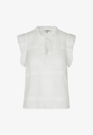 Bluză albă fără mâneci cu umeri cu volane, guler mic cu volane și șnur frontal la decolteu, dintr-un material ușor, texturat.
