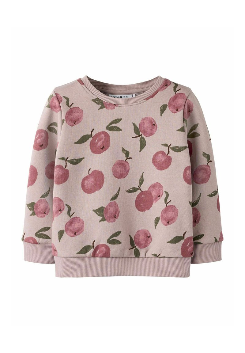 Felpa rosa chiaro con un motivo ripetuto di ciliegie in stile acquerello e foglie verdi. Collo e polsini a coste. Tessuto in misto cotone.