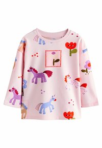 Chemise à manches longues rose avec un motif de licornes colorées et de fleurs. Fabriquée en tissu doux, avec un col rond et une coupe ample.