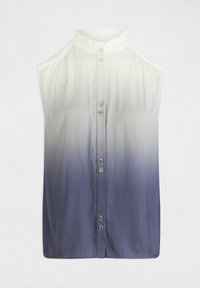 Blusa senza maniche con gradiente che passa dal bianco sulla parte superiore al blu navy sulla parte inferiore, con scollatura arricciata e bottoni frontali.
