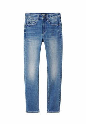 Jeans in denim blu con vestibilità slim, caratterizzati da un leggero effetto usurato, design a cinque tasche e chiusura a bottone classica in vita.