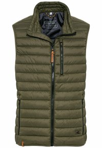 Olivgrüner ärmelloser Puffer-Weste mit gestepptem Textur, Reißverschluss vorne und seitlichen Taschen. Mit Logo und Lederelement am Reißverschluss.