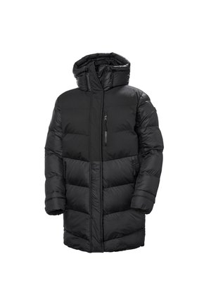 Black puffer jacket with a hood, featuring a zippered front, quilted texture, two side pockets, and a small chest pocket.