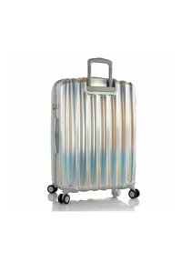 Hartschalenkoffer mit gerippter, schillernder Oberfläche; verfügt über einen ausziehbaren Griff, vier Rollen und einen Reißverschluss.