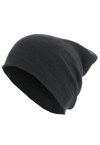 Black ribbed knit beanie with a tapered top and a snug fit. Textured surface with a soft appearance, suitable for cold weather wear.