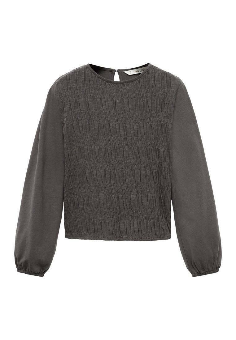 Temno siva bluzica z textured sprednjo stranjo, gladkimi rokavi, okroglim izrezom in luknjo na hrbtu.