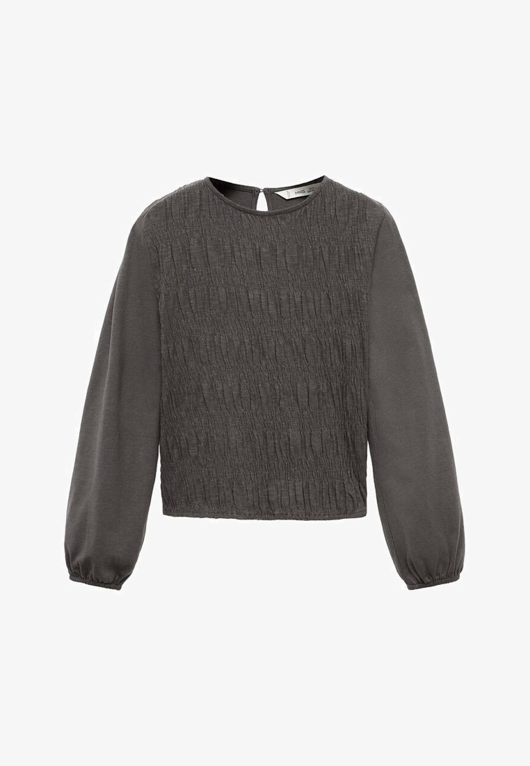 Blusa grigia scura con un davanti textures, maniche lisce, scollatura rotonda e un'apertura a chiave sul retro.