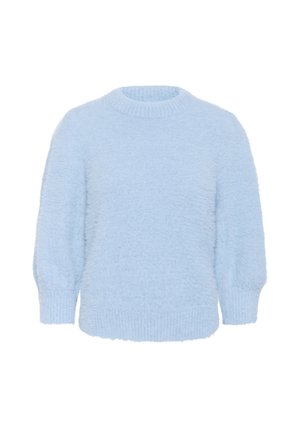 Pull bleu clair en matériau doux et moelleux. Doté d'un col rond et de manches longues légèrement bouffantes avec des poignets et un ourlet côtelés.