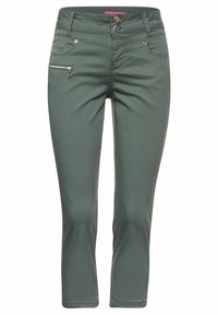 Gröna bomullsblandade byxor med en figurnära design, som har en ficka med dragkedja, knappstängning och dekorativ sömnad framtill.