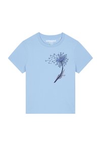 Helles blaues Baumwoll-T-Shirt mit einem dunkelblauen Löwenzahn-Design auf der Vorderseite. Kurze Ärmel und klassischer Rundhalsausschnitt.