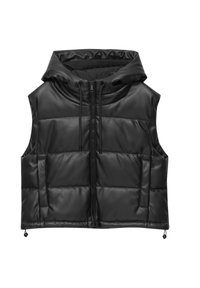 Veste noire matelassée avec capuche, présentant un design piqué, une fermeture éclair frontale, un cordon de serrage et des poches latérales. Fabriquée en matériau lisse et brillant.