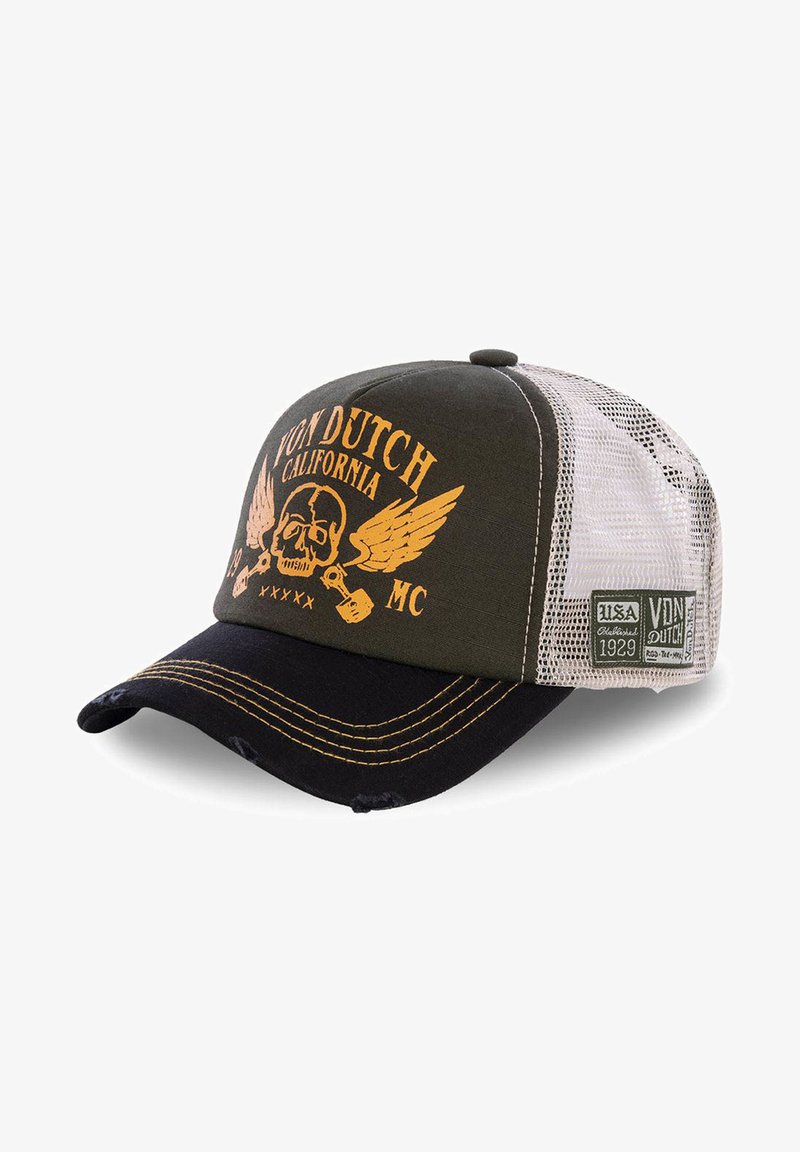 Casquette avec visière noire et avant olive, ornée de graphismes jaunes de crâne et d'ailes. Dos en mesh, accents usés et patch de logo sur le côté.