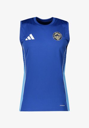 Blauw mouwloos sportshirt met lichtblauwe zijpanelen, wit Adidas-logo op de linkerborst en Delav Sports-embleem op de rechterborst.
