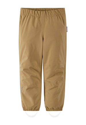 Pantaloni marroni leggeri con vita elasticizzata, gambe affusolate e cuciture visibili. Presentano due cuciture laterali e un piccolo accento riflettente.