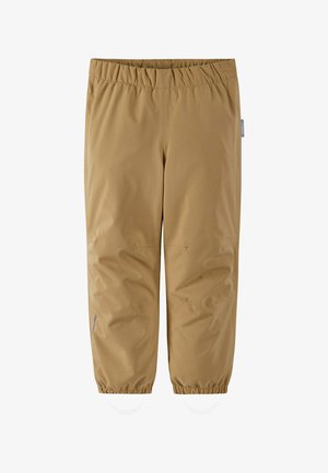 Braune, leichte Hose mit elastischem Bund, schmal zulaufenden Beinen und sichtbaren Nähten. Verfügt über zwei seitliche Nähte und einen kleinen reflektierenden Akzent.