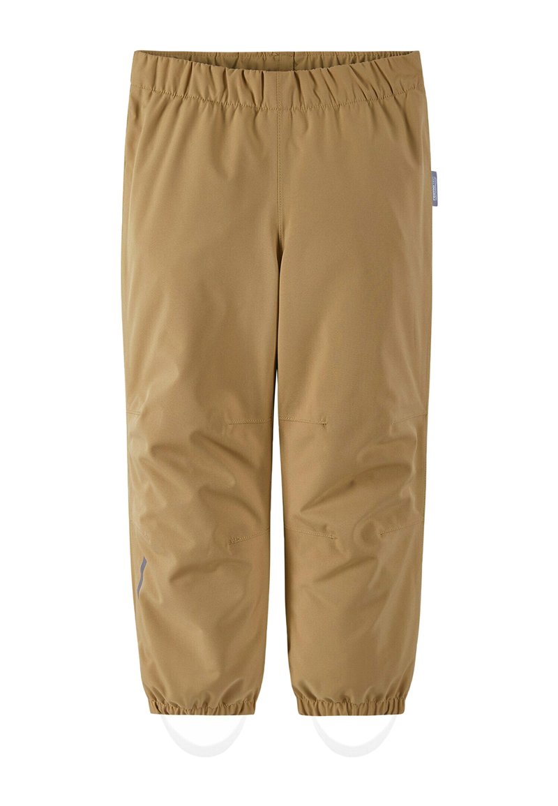 Braune, leichte Hose mit elastischem Bund, schmal zulaufenden Beinen und sichtbaren Nähten. Verfügt über zwei seitliche Nähte und einen kleinen reflektierenden Akzent.