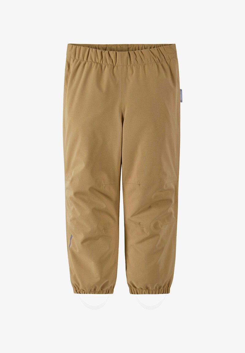 Braune, leichte Hose mit elastischem Bund, schmal zulaufenden Beinen und sichtbaren Nähten. Verfügt über zwei seitliche Nähte und einen kleinen reflektierenden Akzent.