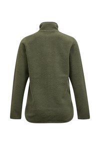 Fleece-pullover i olivengrøn med en tekstureret overflade, høj krave og lange ærmer; har en afslappet pasform og rundet kant.