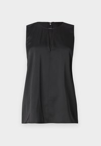 Svart ermeløs topp med rund hals, nøkkelhulldetalj foran og en glatt satinlignende tekstur. Minimalistisk design med rene linjer.