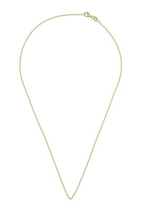 Feine Goldkette mit kleinen Gliedern und Karabinerverschluss vor weißem Hintergrund.