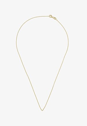 Feine Goldkette mit kleinen Gliedern und Karabinerverschluss vor weißem Hintergrund.