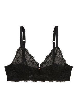 Bralette en dentelle noire avec des bords festonnés, des bonnets triangulaires et des bretelles réglables, présentant un détail doré au centre devant.