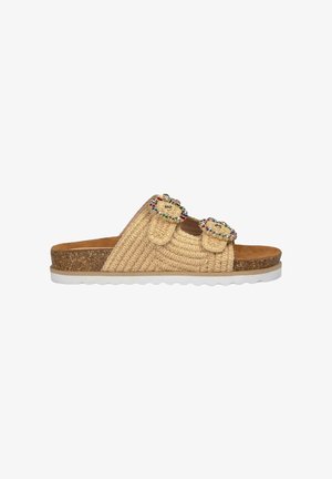 Braided straw slide sandals with beige upper, cork footbed, white rubber sole, and decorative beaded buckles. Textured finish on the straps.