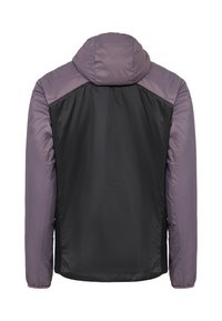 Veste réversible noire et violette avec capuche, manches longues et poignets élastiques, vue de dos sur fond blanc.