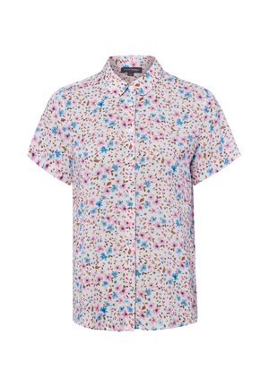 Biała bluzka z krótkim rękawem w różowo-niebieski wzór kwiatowy, zapinana na guziki z przodu, z zaokrąglonym kołnierzykiem.