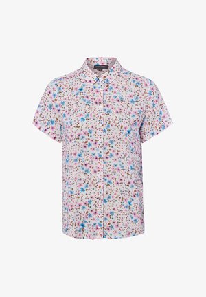 Witte blouse met korte mouwen, roze en blauw bloemenpatroon, knoopsluiting aan de voorkant en een afgeronde kraag.