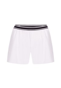 Białe szorty wykonane z miękkiego materiału, z elastycznym paskiem w czarno-białe paski. Prosty design bez dodatkowych wzorów czy detali.