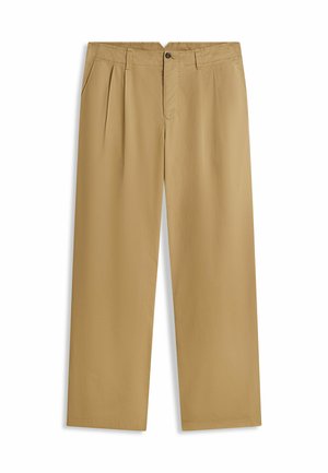 Beige rechte broek met voorplooi, riemlussen, zijzakken en een knoop- en ritssluiting in de taille.