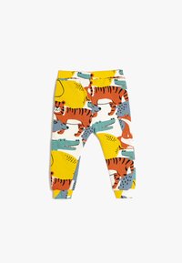 Katoenen leggings met een elastische gele tailleband, featuring een kleurrijke dierenprint met tijgers, krokodillen en vossen tegen een witte achtergrond.