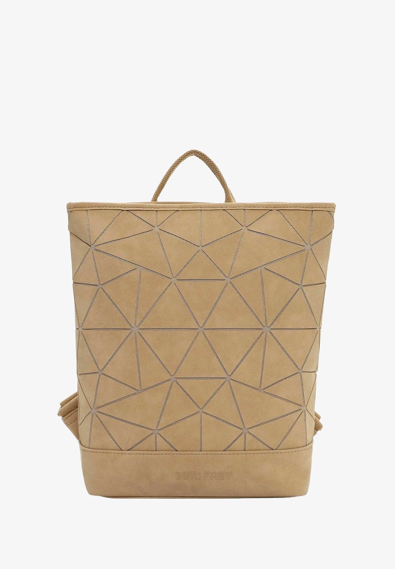Beiger Rucksack mit geometrischem Dreiecksmuster, oben Griff und verstellbaren Schultergurten.